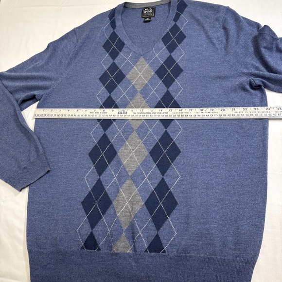Jos A Bank Sweater  Gray Blue Argyle V-Neck Merino Wool Traveler MENS 2XL - Picture 6 of 9